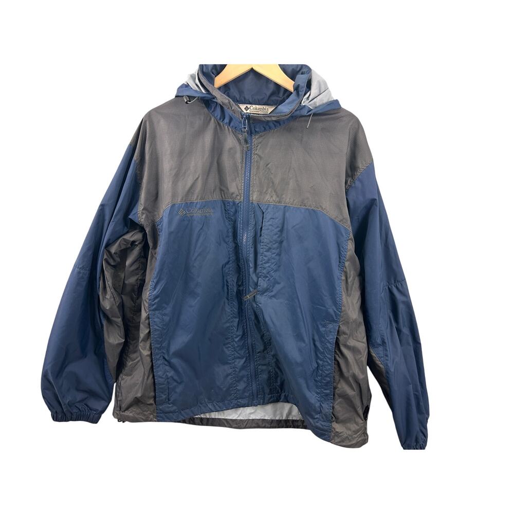 Columbia Men’s XL Waterproof Windbreaker Hooded Jacket Blue Gray Nylon